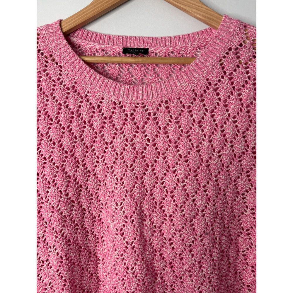 Talbots Petite XL Pink White Marled Open Knit Pointelle Sweater Preppy Coquette - Picture 4 of 7